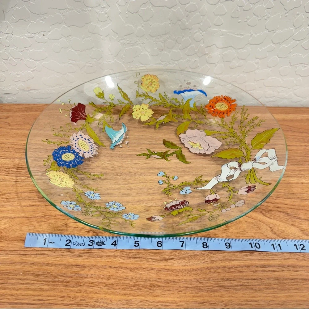 Vintage Dorothy Thorpe Hand-Painted Floral Glass Accent Bowl Platter